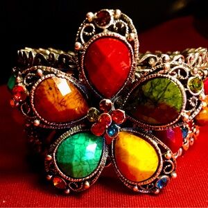 70’s Vintage Elaborate Silver, Multi-colored Stone, Fashion cuff/bracelet